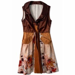 Samuel Dong Brown Bubble Dress Floral Skirt Sleeveless Tie Front Medium